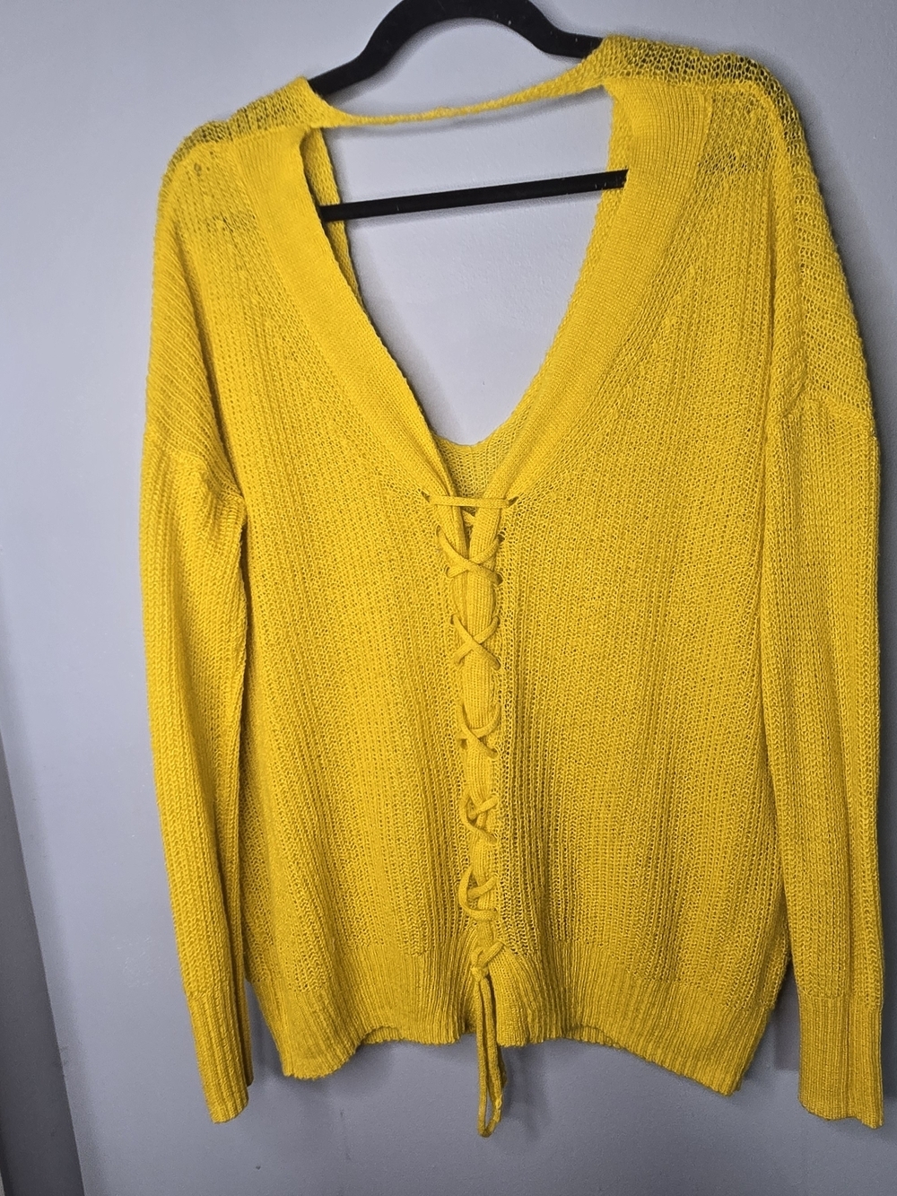 Mustard Yellow V-neck Lace-Up Back Lightweight Knit Sweater Oversized Small